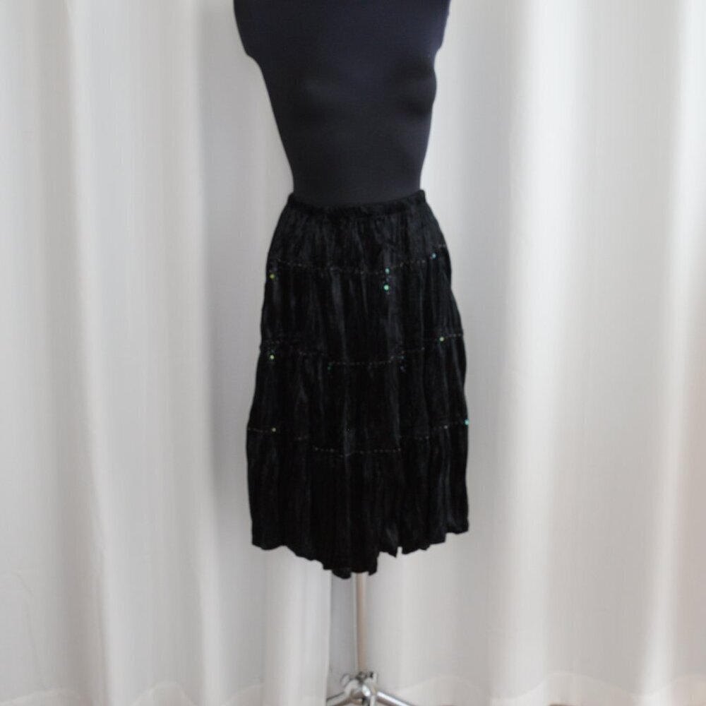 90s Whimsigoth Crushed Velvet Beaded Black Tiered Midi Skirt Sz S - Picture 2 of 8